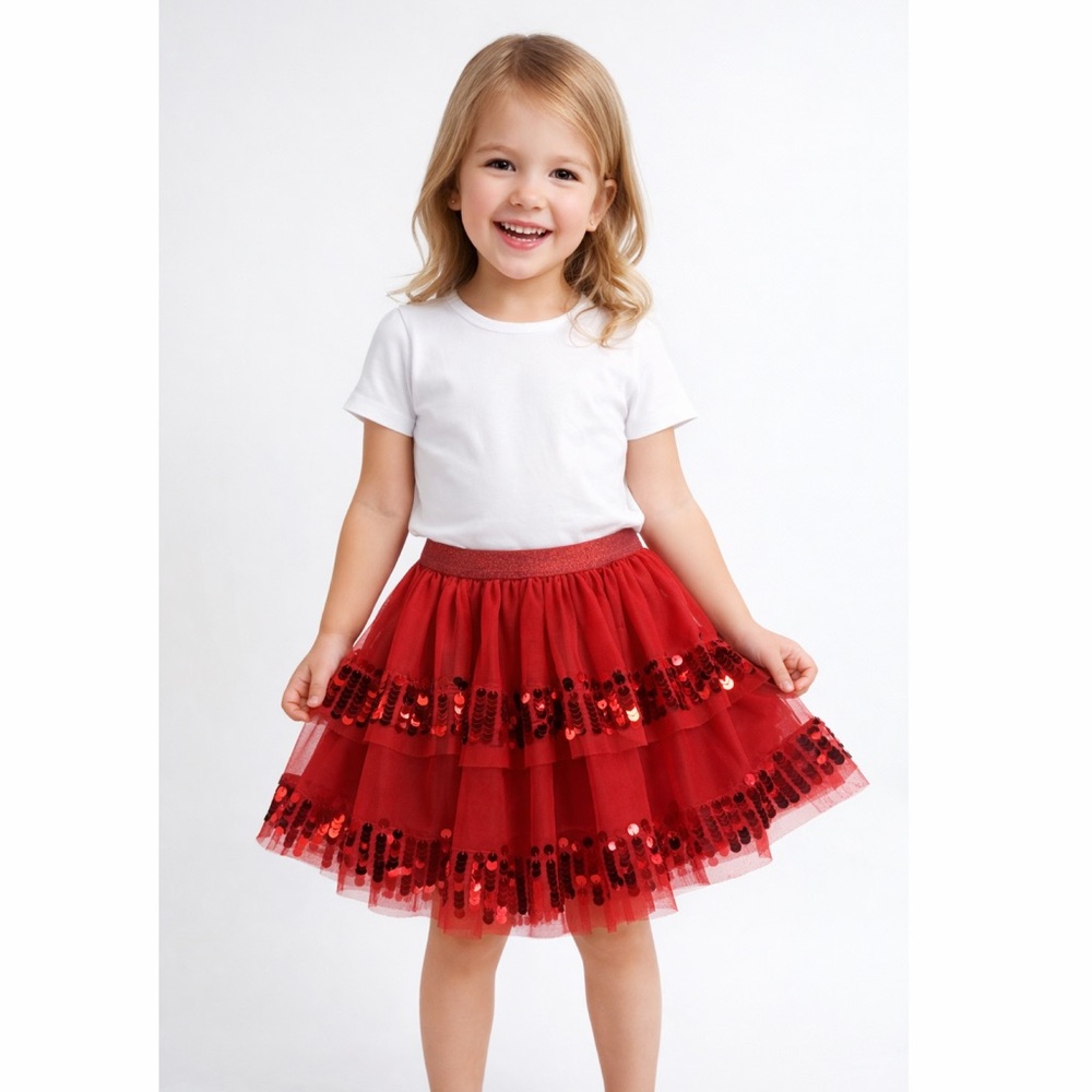 H&M Girls Red Sequin Tulle Skirt‎ 4-6Y Holiday Party